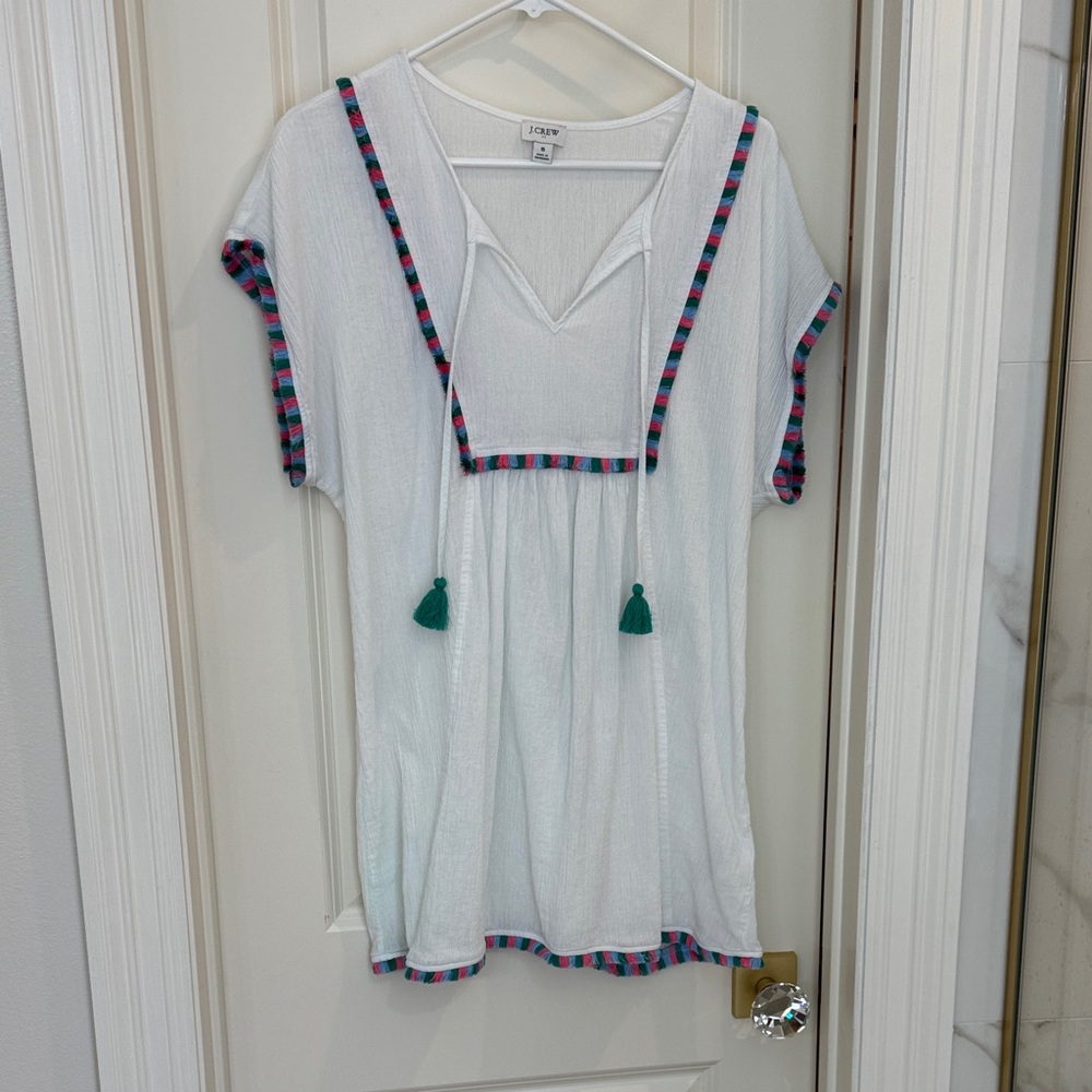 J. Crew White swim cover up with Teal Tassels and Multicolor Trim